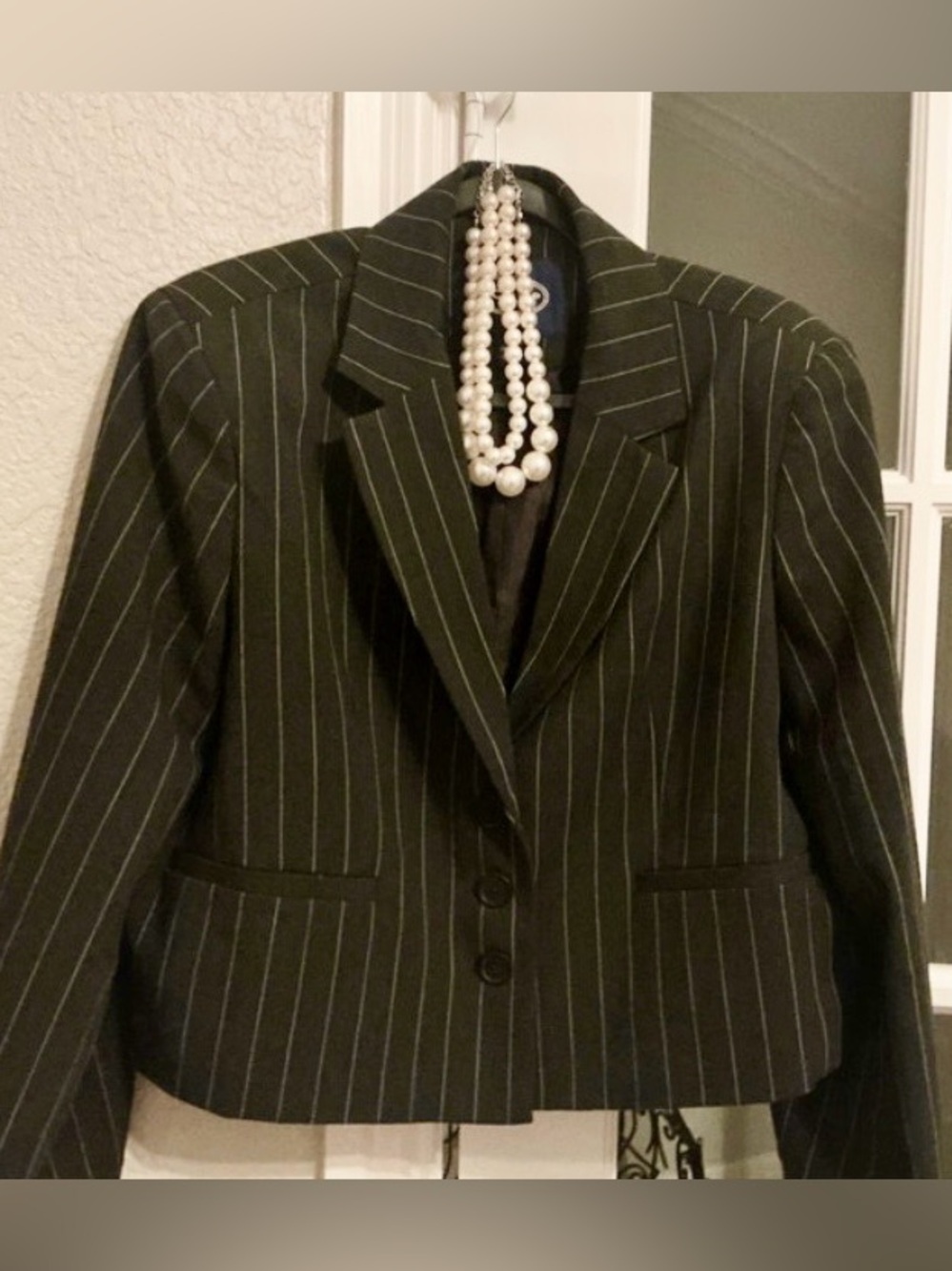 Charcoal Grey Pinstripe Cropped Single Breasted Women's Blazer XL